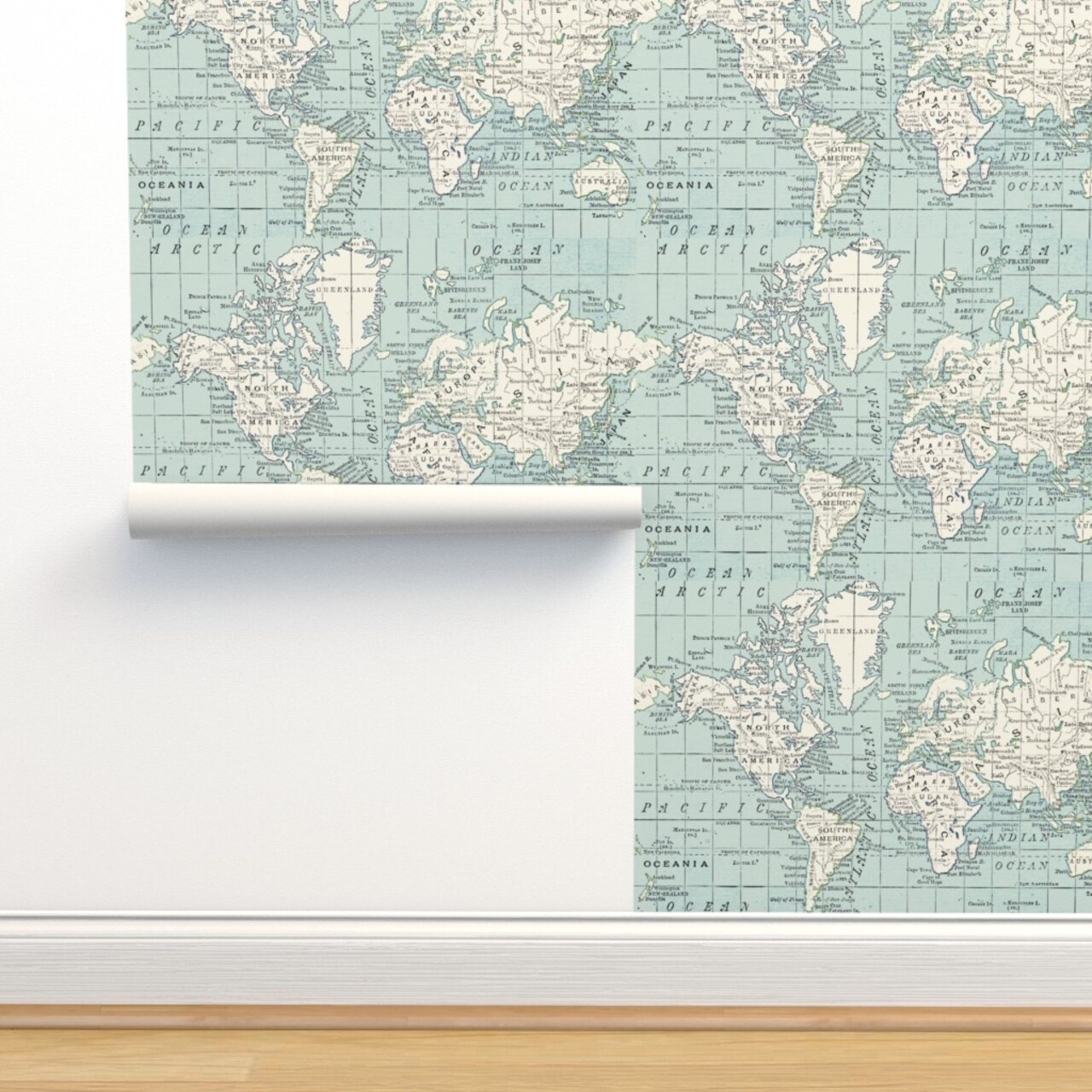 Vintage Maps Blue And Cream World Map Geography Countries Travel Custom Pre-pasted Wallpaper by Spoonflower Pre-Pasted Wallpaper 2FT Wide